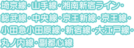 埼京線・山手線・湘南新宿ライン・総武線・中央線・京王新線・京王線・小田急小田原線・新宿線・大江戸線・丸ノ内線・副都心線